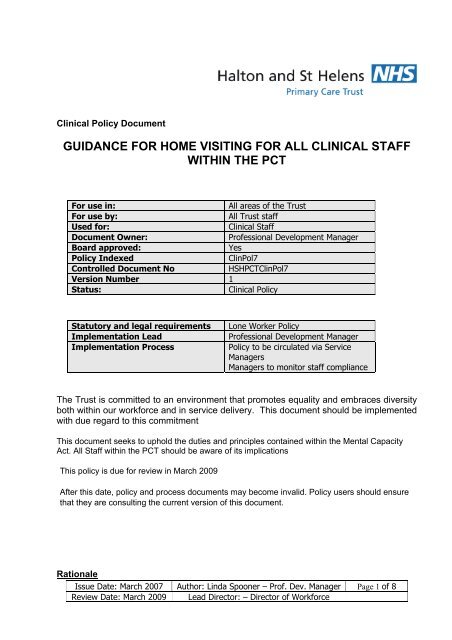 guidance for home visiting for all clinical staff within the pct