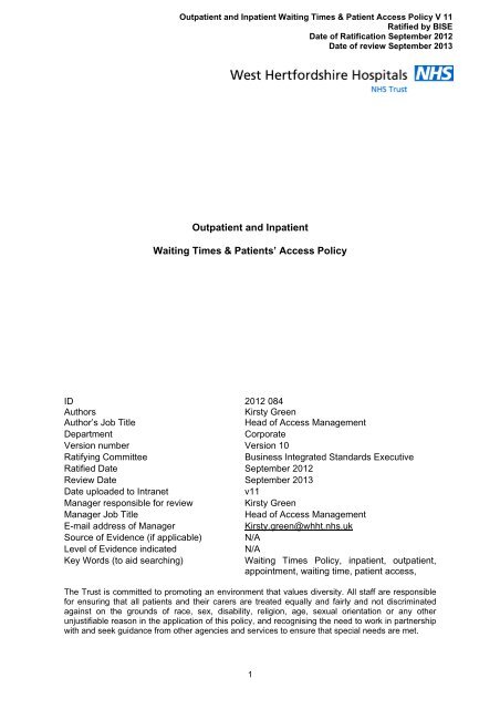 Outpatient And Inpatient Waiting Times Amp Patients Access Policy