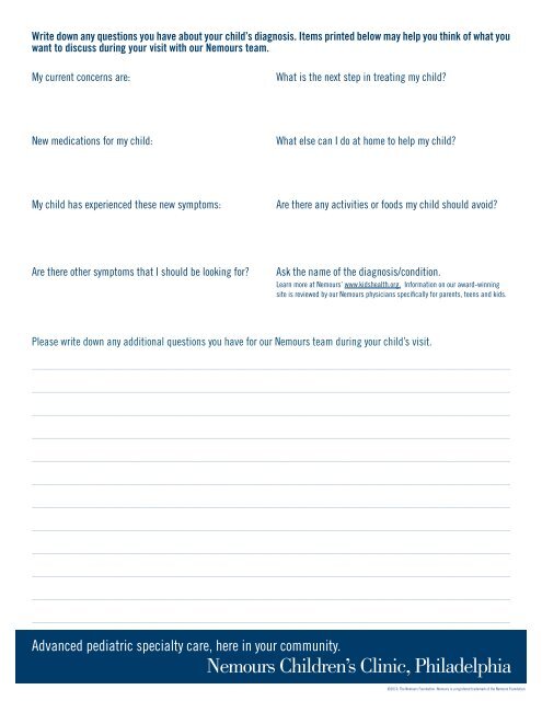 Nemours Children's Clinic, Philadelphia Patient Appointment Form