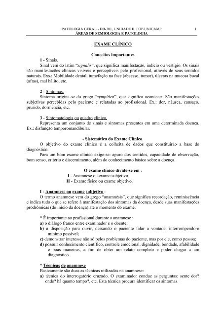 EXAME CLÍNICO Conceitos importantes 1 - Sinais. Sinal  - Unicamp