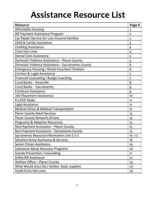 Assistance Resource List - Bayside Church