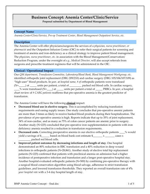 Business Plan: Anemia Center - SABM.org
