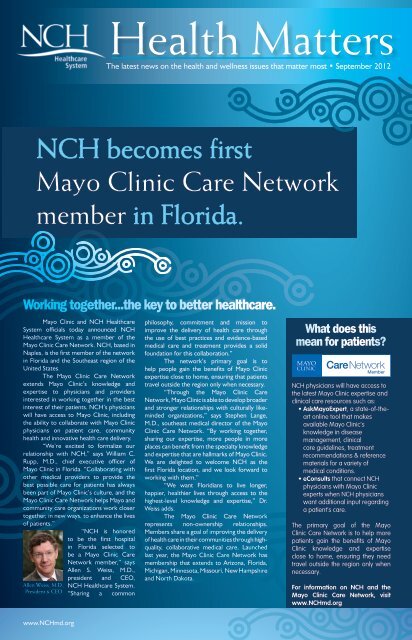 NCH becomes first Mayo Clinic Care Network member in Florida.