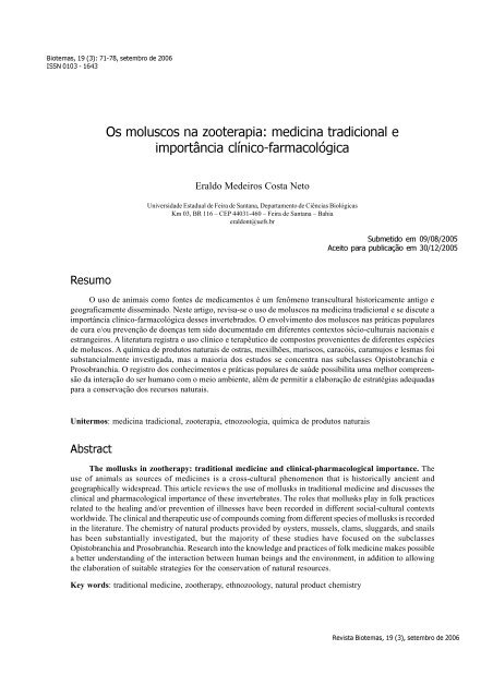 Os moluscos na zooterapia: medicina tradicional e ... - Biotemas