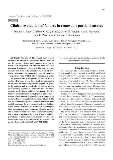 Clinical Evaluation Of Failures In Removable Partial Dentures