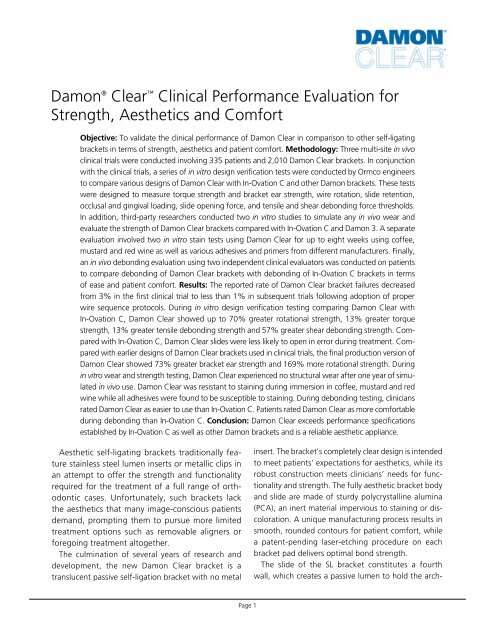 Damon Clear Clinical Performance Evaluation for Strength - Ormco