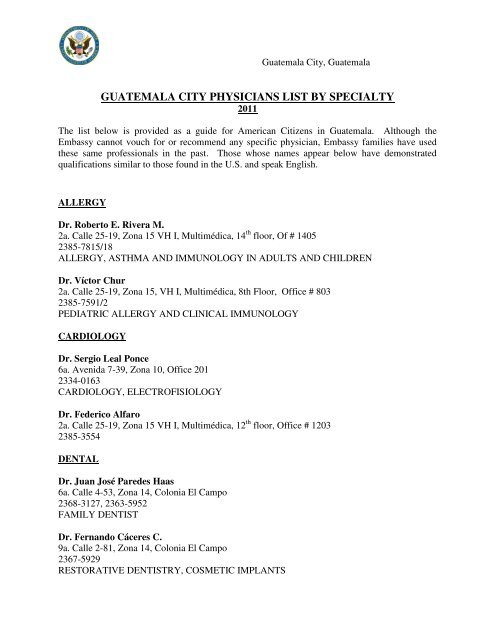 GUATEMALA CITY PHYSICIANS LIST BY SPECIALTY