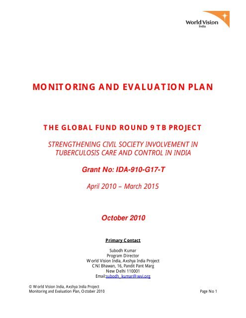 MONITORING AND EVALUATION PLAN TBC India MONITORING AND EVALUATION PLAN TBC India