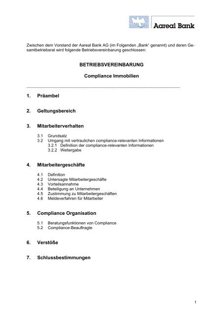 Betriebsvereinbarung Compliance Immobilien Aareal Bank Ag