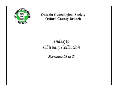 Index to Obituary Collection Ontario Genealogical Society