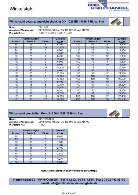 Winkelstahl - bei Edelstahlhandel Ötigheim GmbH