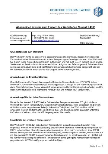 Allgemeine Hinweise zum Einsatz des Werkstoffes Nirocut 1.4305