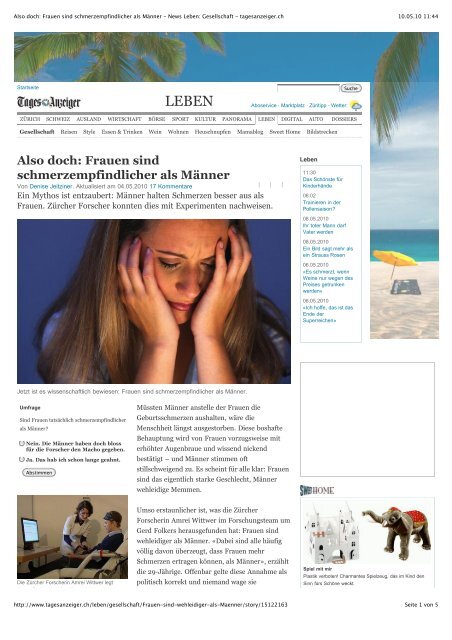 Frauen sind schmerzempfindlicher als Männer - Collegium ...