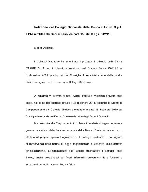 Relazione del Collegio Sindacale della Banca ... - Gruppo Carige