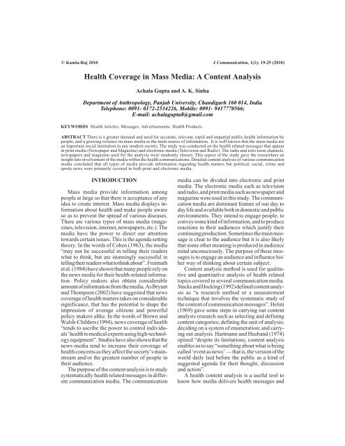 Health Coverage in Mass Media - Kamla-Raj Enterprises