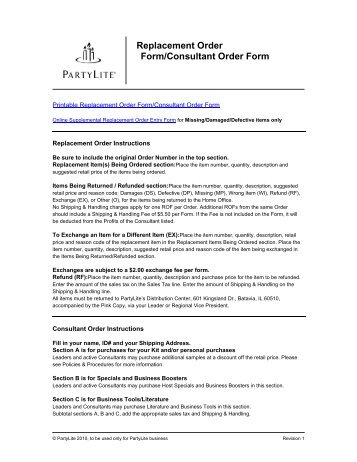 Replacement Order Form/Consultant Order Form - PartyLite ...