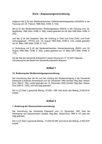 Euro - Anpassungsverordnung (VO41) - Gemeinde Edewecht