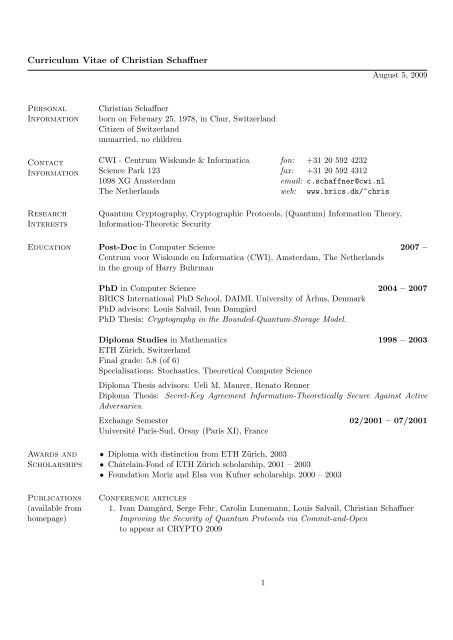 Curriculum Vitae of Christian Schaffner