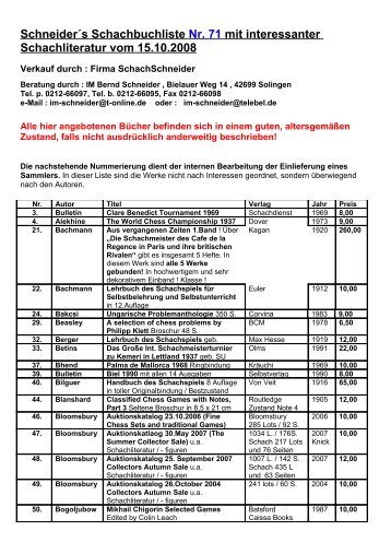 Schneider´s Schachbuchliste Nr. 71 mit interessanter ... - Arena