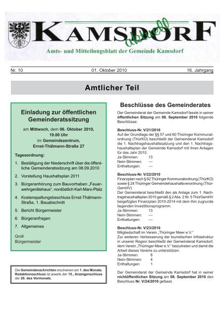 Amtsblatt, Monat Oktober 2010 - Kamsdorf