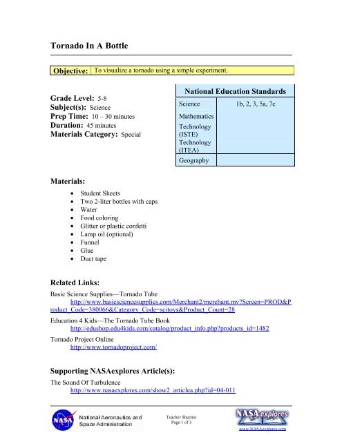 NASAexplores 5-8 Lesson: Tornado In A Bottle (All Sheets PDF)