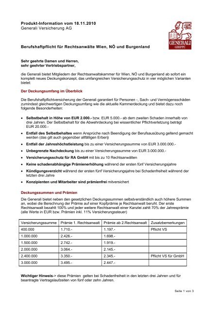 Produkt Info Rechtsanwalte Generali Generali Versicherung Ag