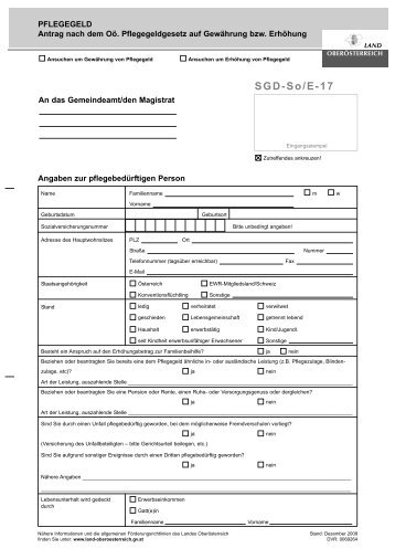 Formular SGD-So/E-17: Pflegegeld - Antrag nach dem Oö - Scharten