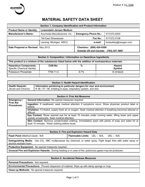 Lowenstein-Jensen Medium MSDS