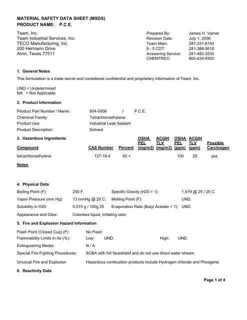 MATERIAL SAFETY DATA SHEET (MSDS) PRODUCT NAME: PCE ...