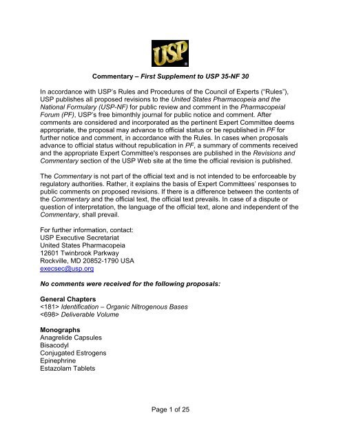 Page 1 of 25 Commentary – First Supplement to USP 35-NF 30 In ...
