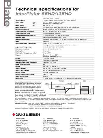 Platel Technical specifications for InterPlater 85HD/135HD