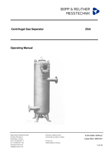 Centrifugal Gas Separator ZGA Operating Manual - Bopp & Reuther ...