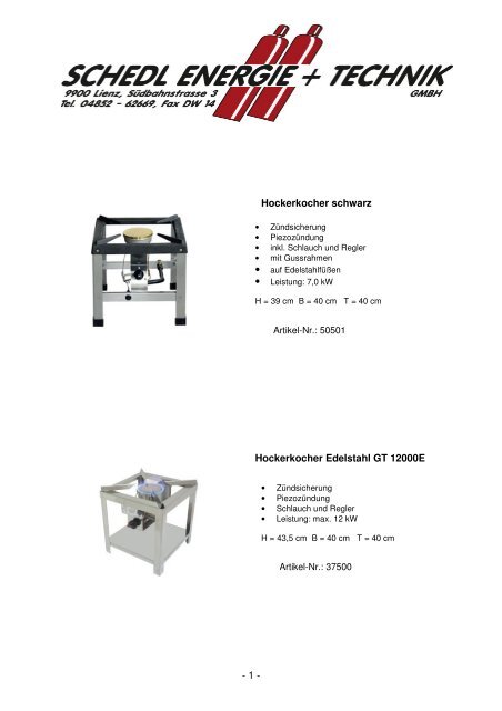 Hockerkocher und Starkbrenner mit technischen Daten als