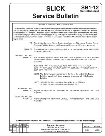 SLICK Service Bulletin SB1-12 - Champion Aerospace