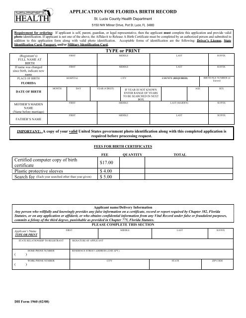 Birth Certificate Application Form Florida Department Of Health