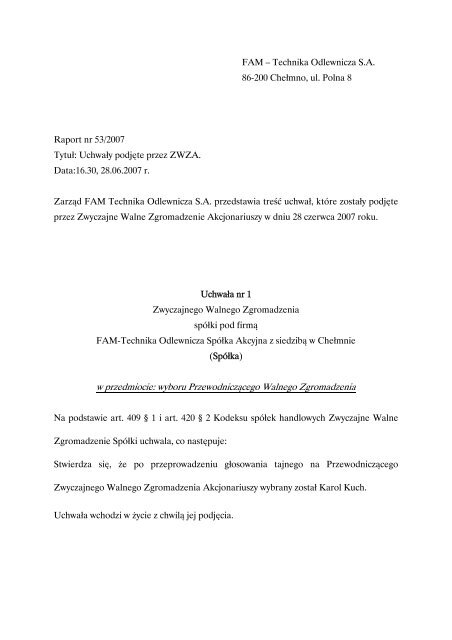 Raport bieżący 53/2007 - FAM Grupa Kapitałowa S.A.