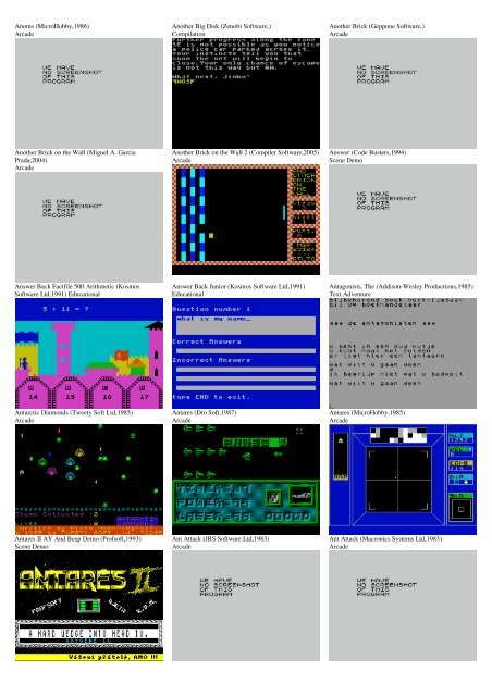 ZX SPECTRUM SOFTWARE CATALOG WITH SCREENSHOTS