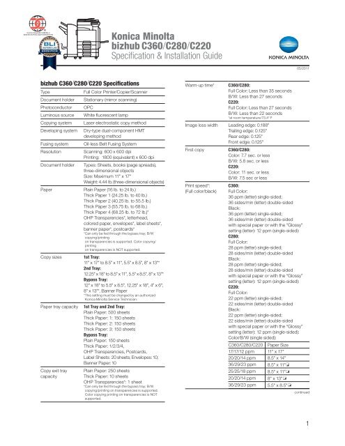 Bizhub C360 C280 C220 Specification Installation Guide