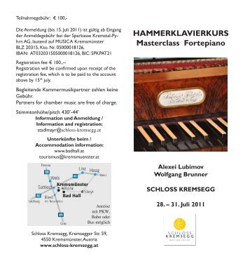 HAMMERKLAVIERKURS Masterclass Fortepiano - Schloss Kremsegg