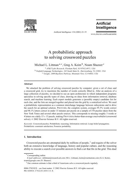 A probabilistic approach to solving crossword puzzles - One Across