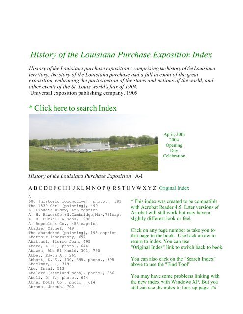 History of the Louisiana Purchase Exposition Index - St. Louis 1904 ...