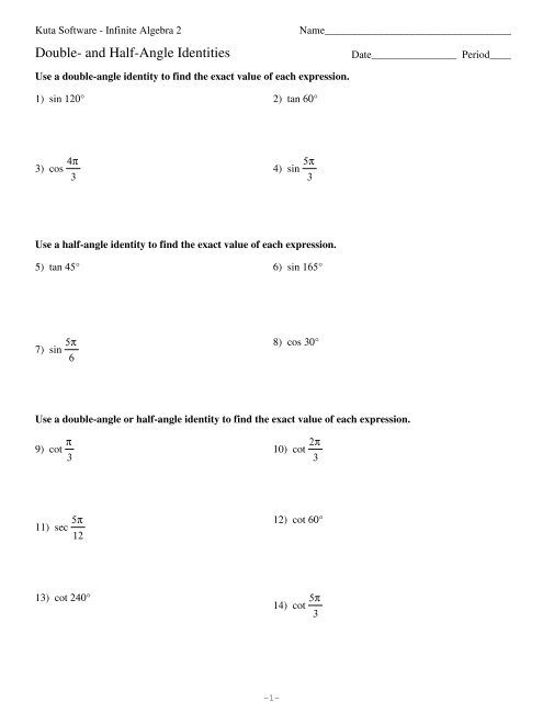 Double Angle Identities Worksheet With Answers Pdf