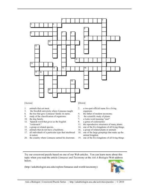 Ask A Biologist - Linnaeus Taxonomy - Crossword Puzzle
