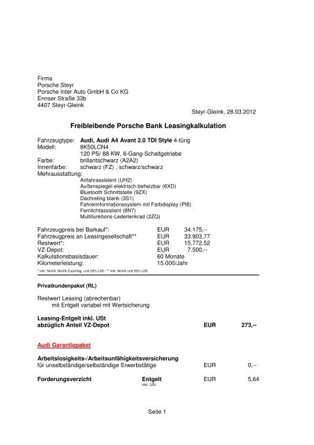 Freibleibende Porsche Bank Leasingkalkulation