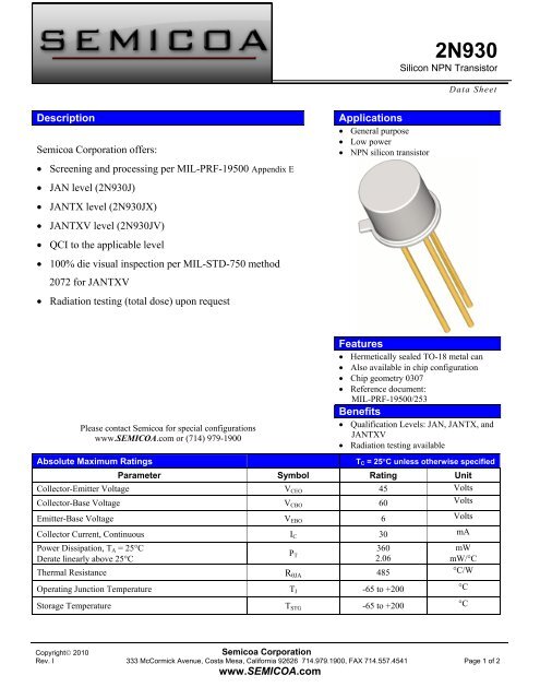 Semicoa 2N930 NPN Transistor