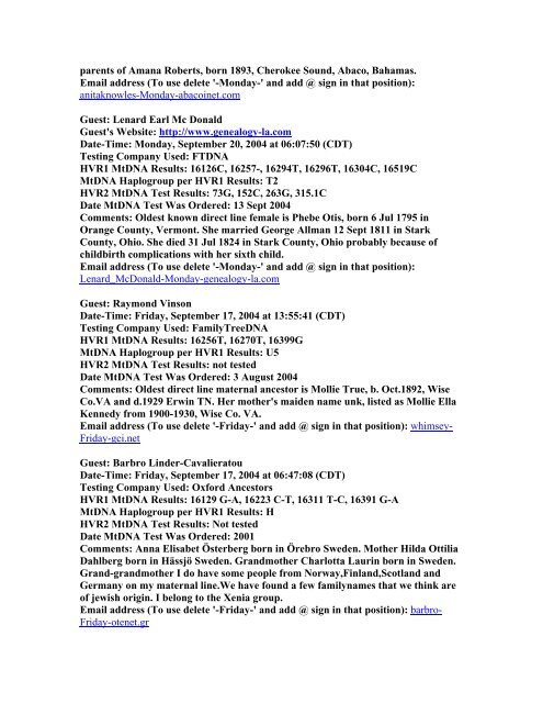 2004 Entries into Kerchner's MtDNA Test Results Log