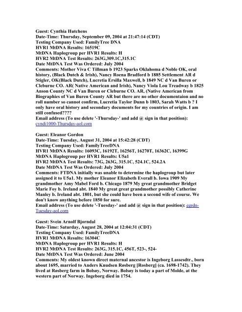 2004 Entries into Kerchner's MtDNA Test Results Log