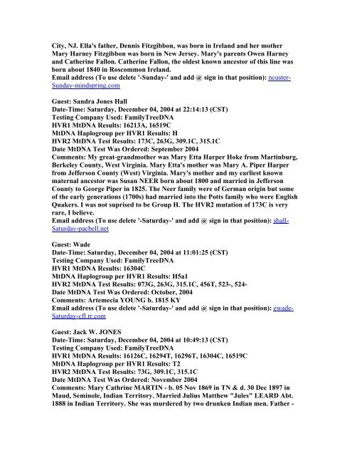 2004 Entries into Kerchner's MtDNA Test Results Log