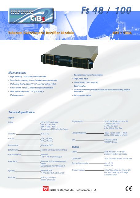 Fs 48 / 100 48V / 100A Telecom Switchmode Rectifier Module - Efacec