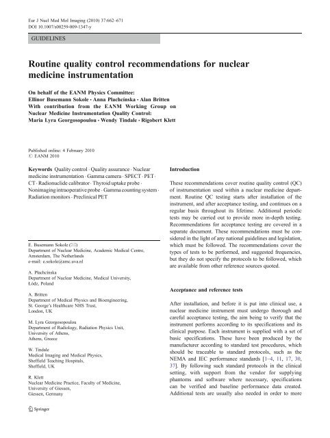 Routine quality control recommendations for nuclear medicine ...